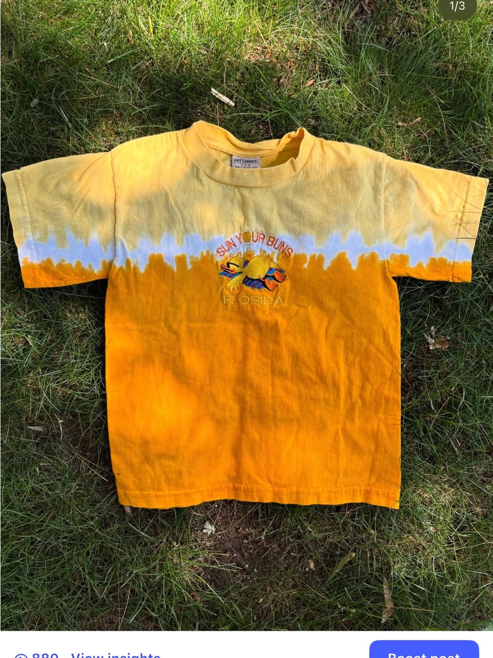 Vintage Embroidered Sun Your Buns Florida Tie-Dye Kids T-Shirt - Yellow/White
